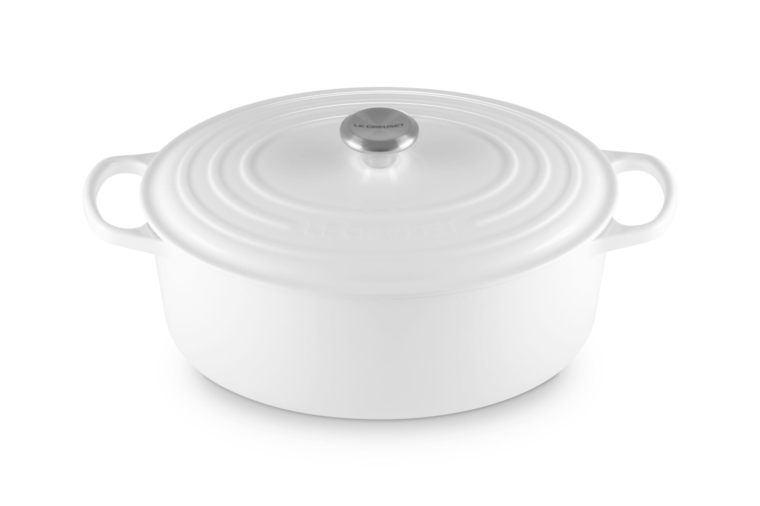 Le Creuset front view showing oval shape and white finish, kitchen-ready