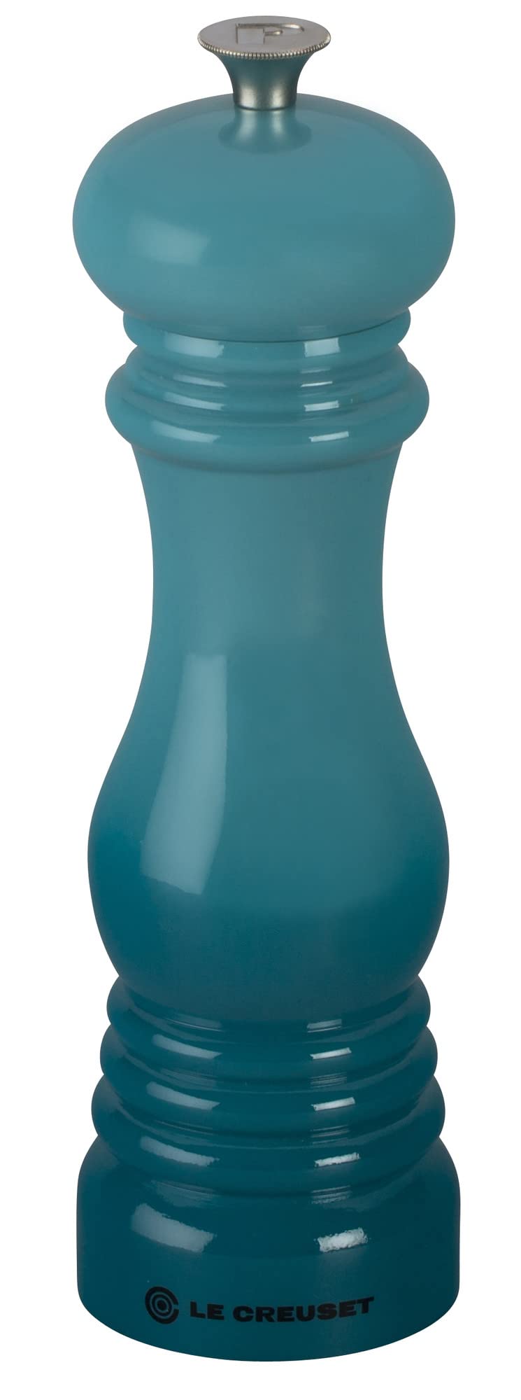Le Creuset pepper mill front view in Caribbean color, stylish countertop accent