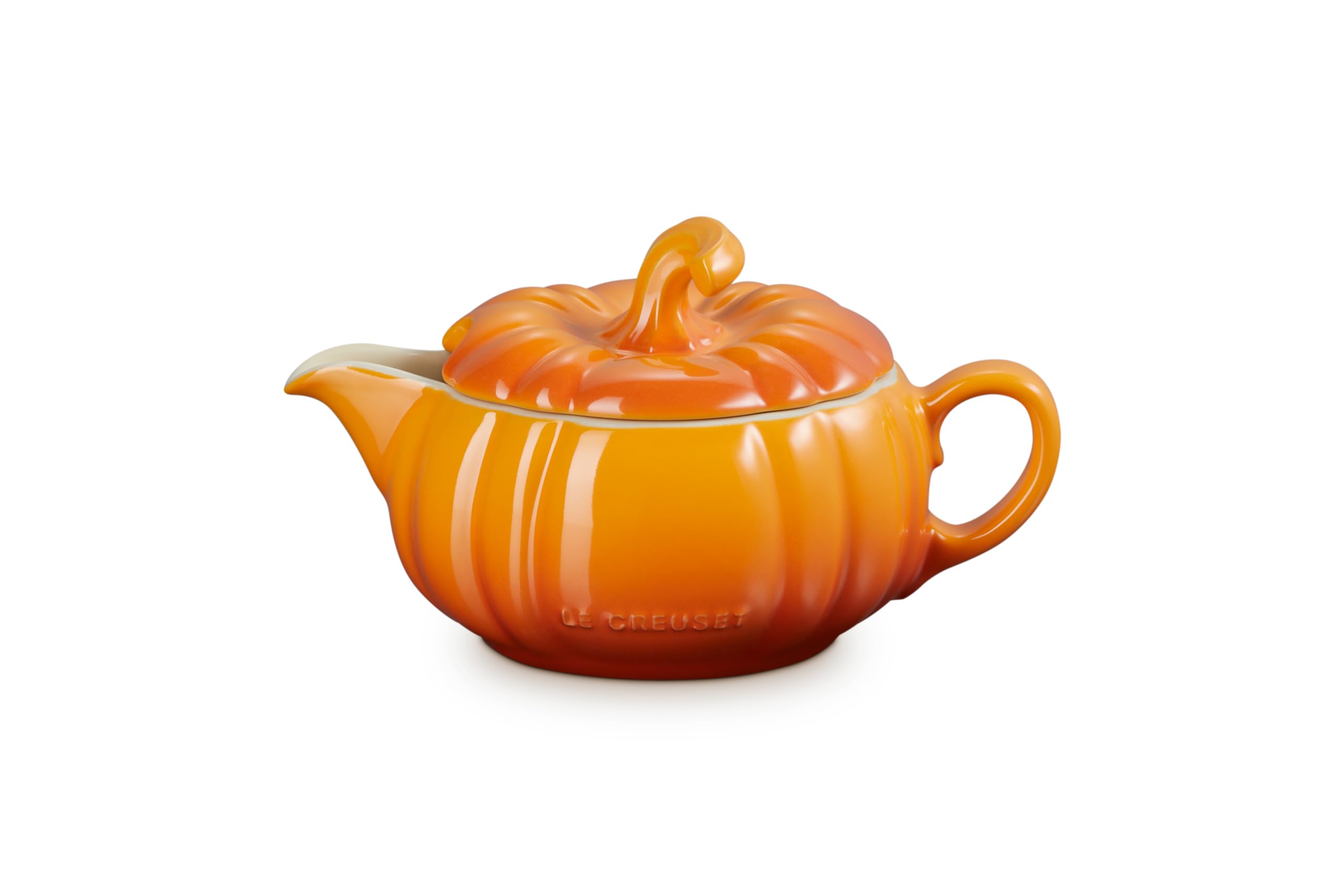 Le Creuset front view of persimmon pumpkin gravy boat for elegant serving