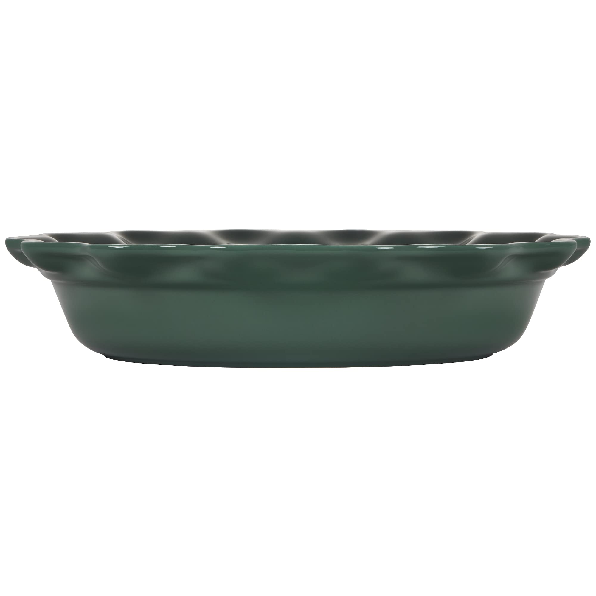 Le Creuset pie dish next to utensils showing 9-inch scale for portion planning benefit