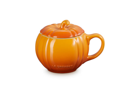 Le Creuset front view of persimmon pumpkin mug showing shape and glossy finish, decorative and durable
