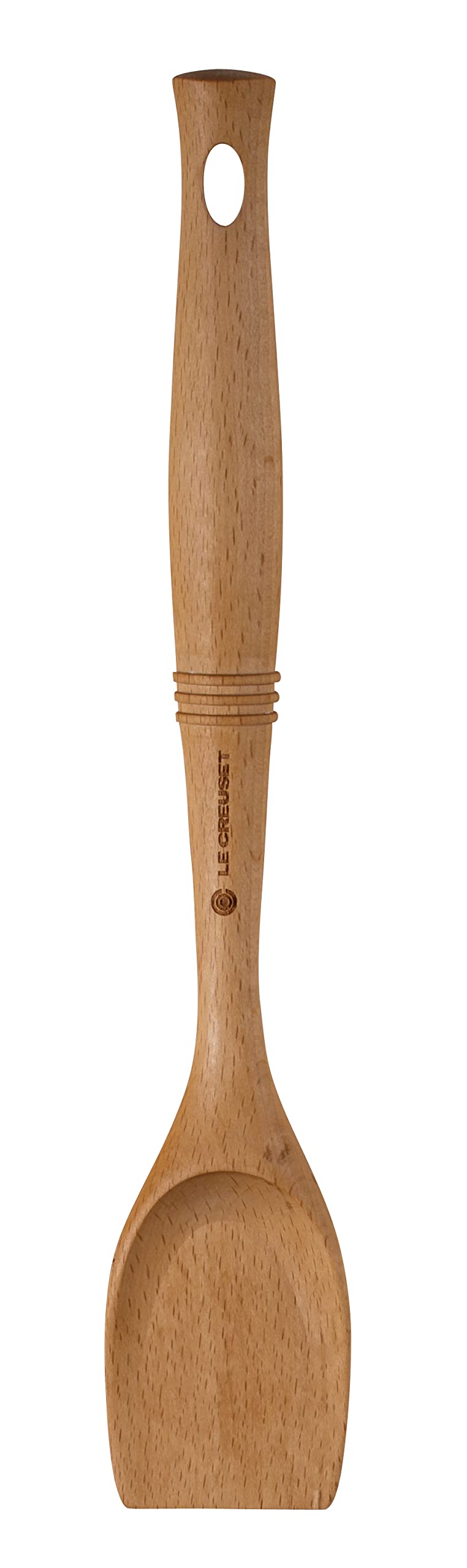 Le Creuset spoon front view showing beech wood and blunt scraping edge, protects cookware