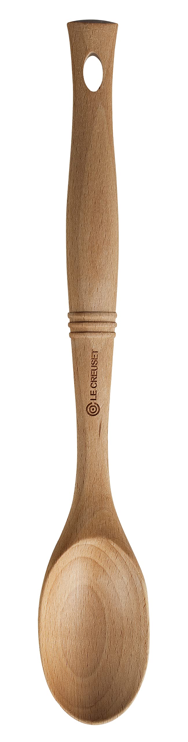 Le Creuset wood spoon front view showing elliptical grip and smooth beech finish for comfort