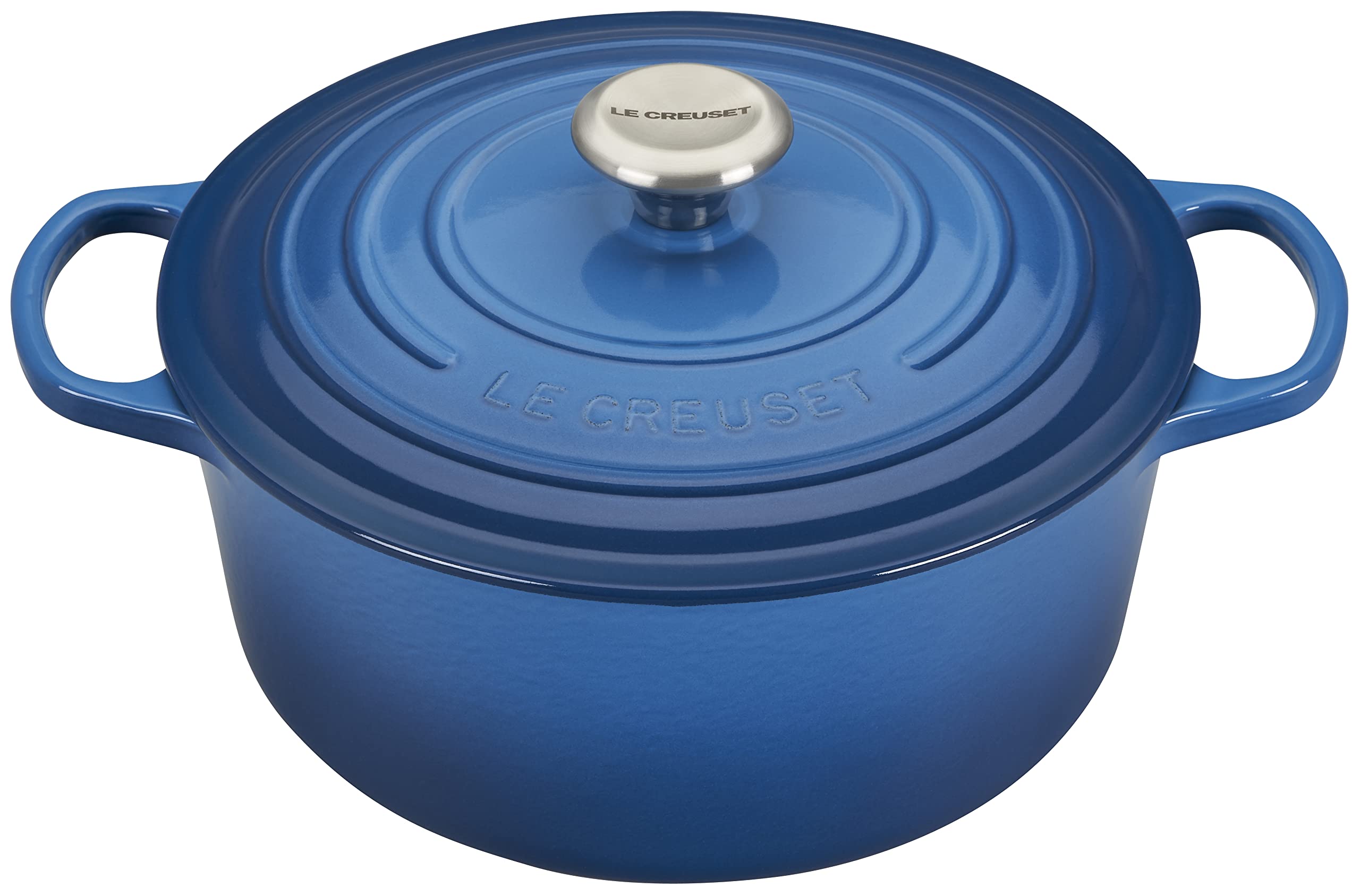Le Creuset front view of round Dutch oven showing Marseille color and versatile design benefit