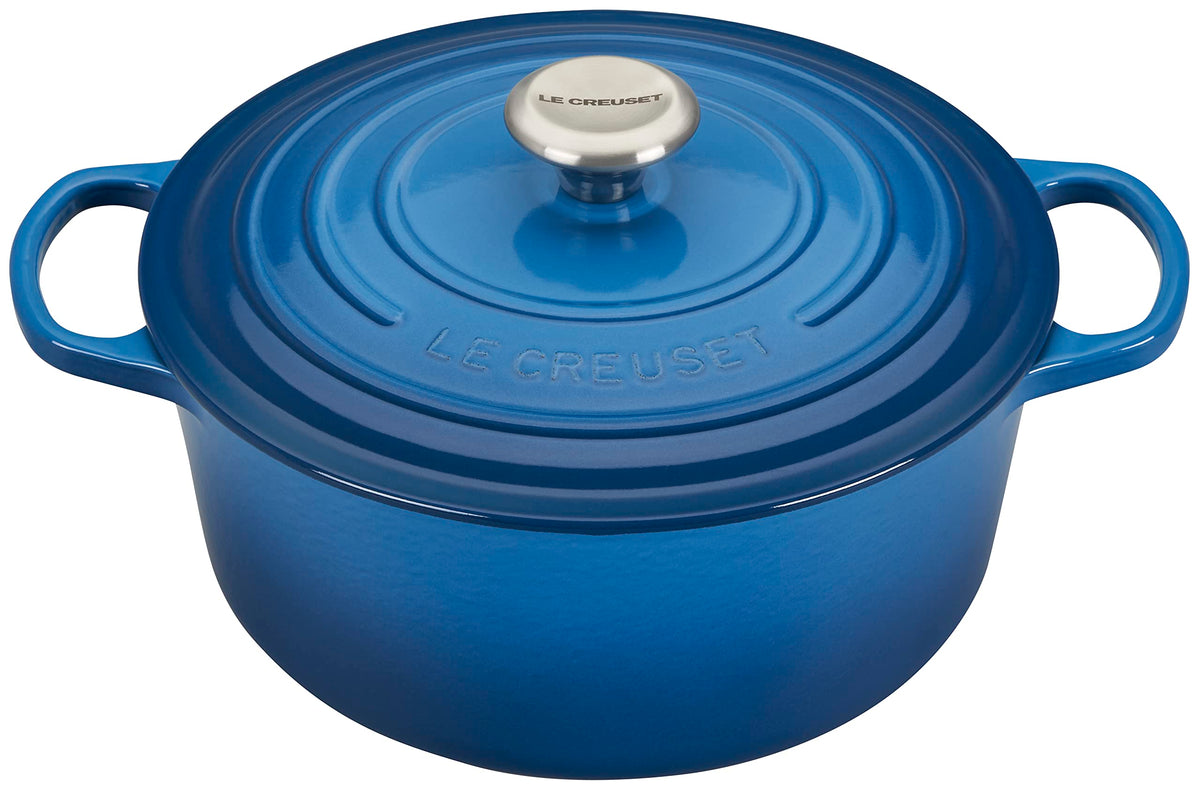 Le Creuset front view of round Dutch oven showing Marseille color and versatile design benefit