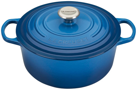 Le Creuset front view of round Dutch oven showing Marseille color and versatile design benefit