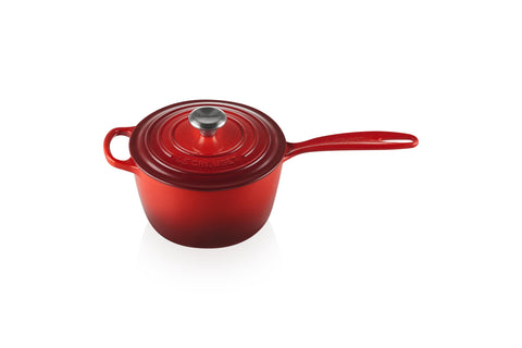 Le Creuset saucepan front view showing Cerise color and classic shape for lasting style