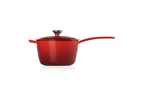 Le Creuset saucepan light enamel interior close-up for easy monitoring and low sticking