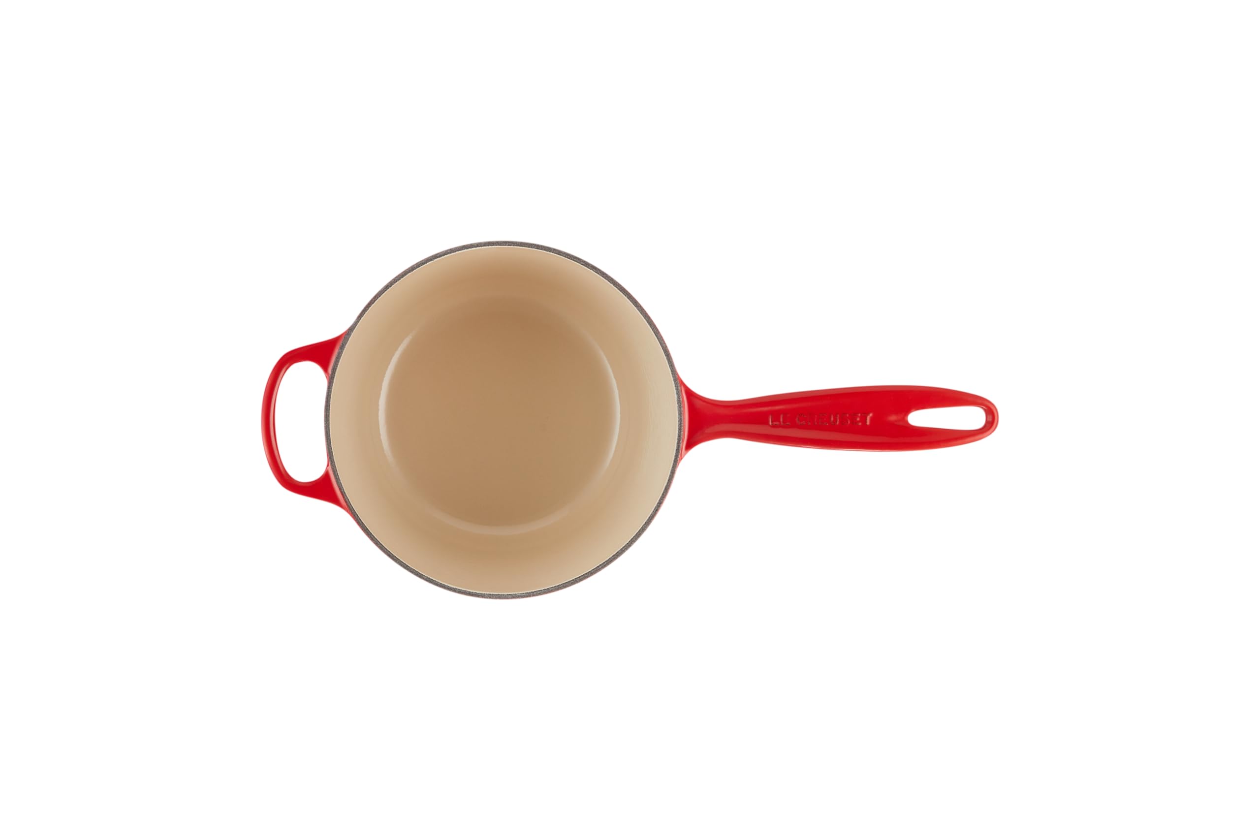 Le Creuset saucepan lid close-up showing tight fit and stainless steel knob for oven use