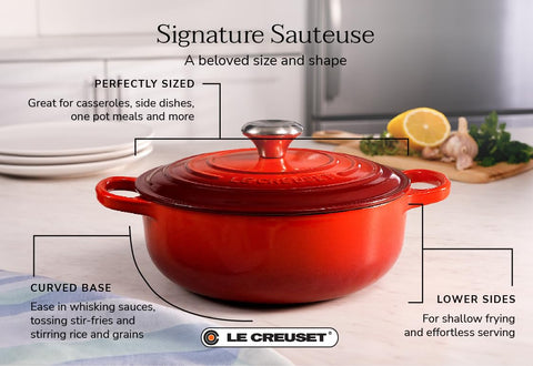Le Creuset sauteuse served on table in Sea Salt color enhancing presentation and serving