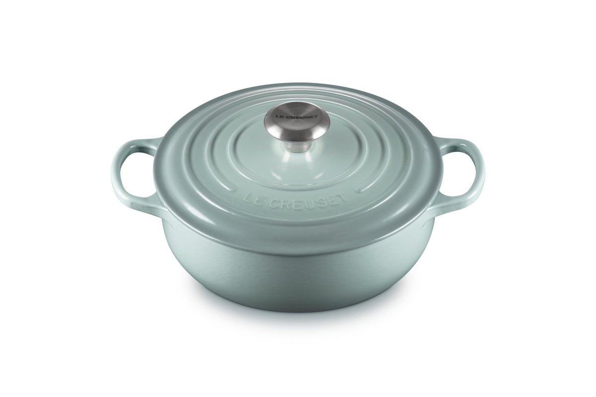 Le Creuset front view of sea salt sauteuse showing shape and finish for durable cooking