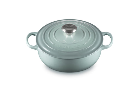 Le Creuset front view of sea salt sauteuse showing shape and finish for durable cooking