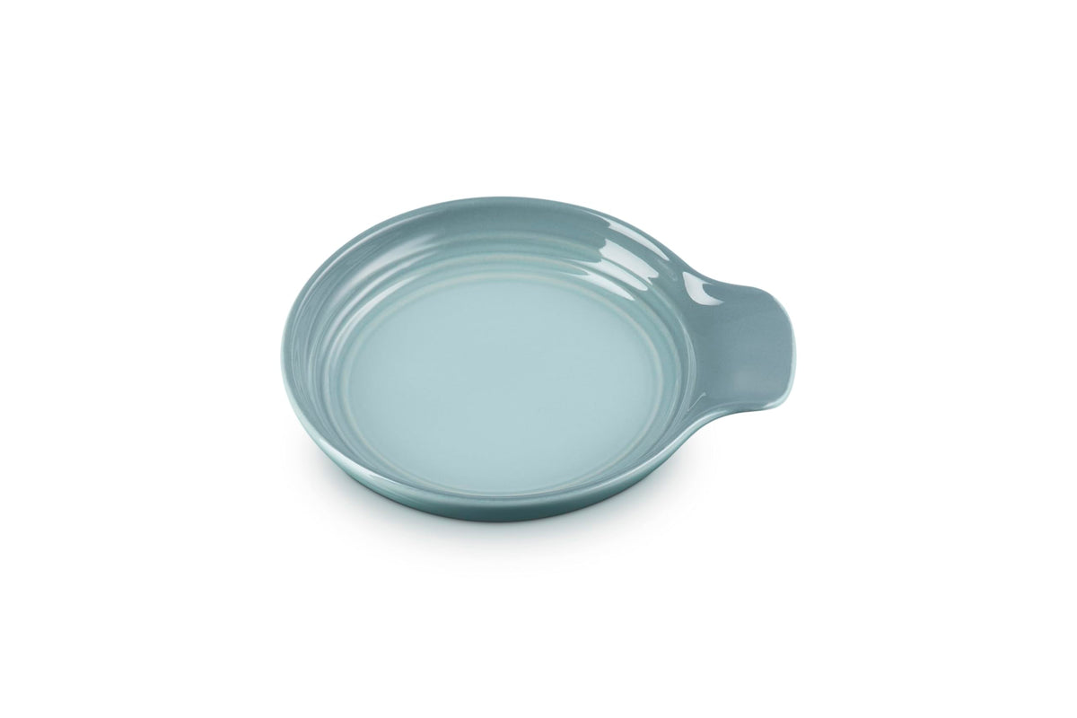 Le Creuset front view spoon rest showing Sea Salt finish and tidy counter benefit