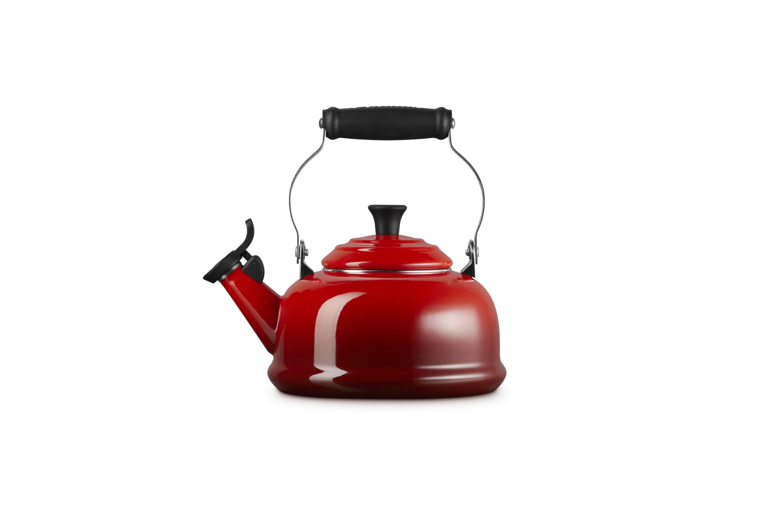 Le Creuset spout whistle detail highlighting easy flip lever for safe pouring