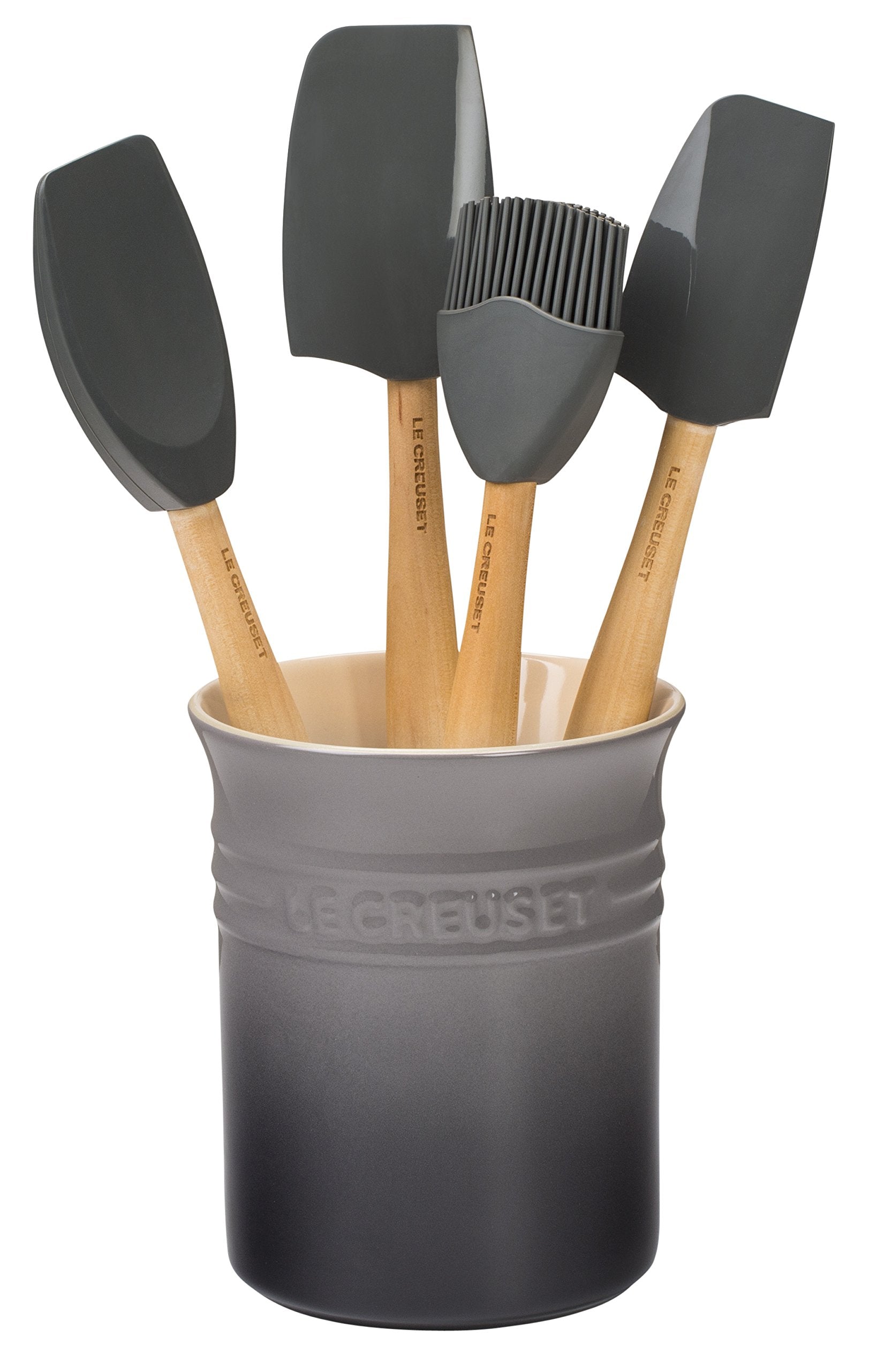 Le Creuset stoneware crock front view shows sturdy countertop storage and polished finish