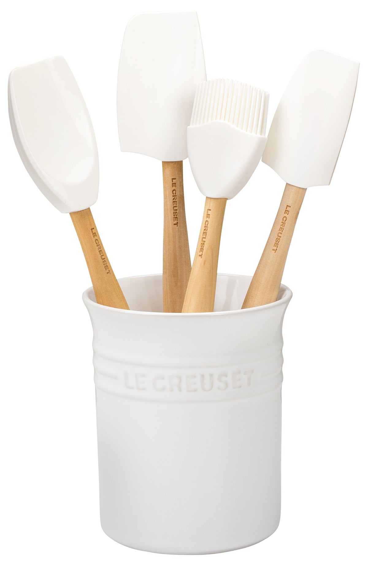 Le Creuset stoneware crock front view organized and stylish for countertop