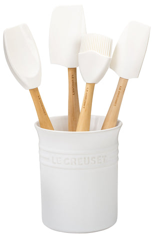 Le Creuset stoneware crock front view organized and stylish for countertop