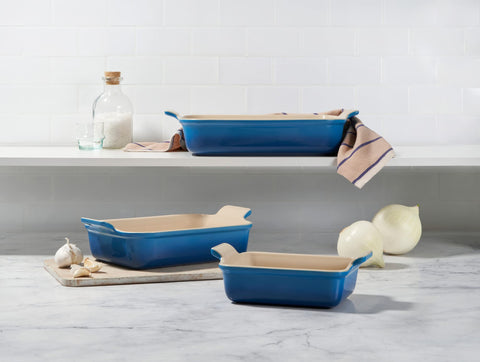 Le Creuset three nested rectangular dishes stacked to save space and simplify storage