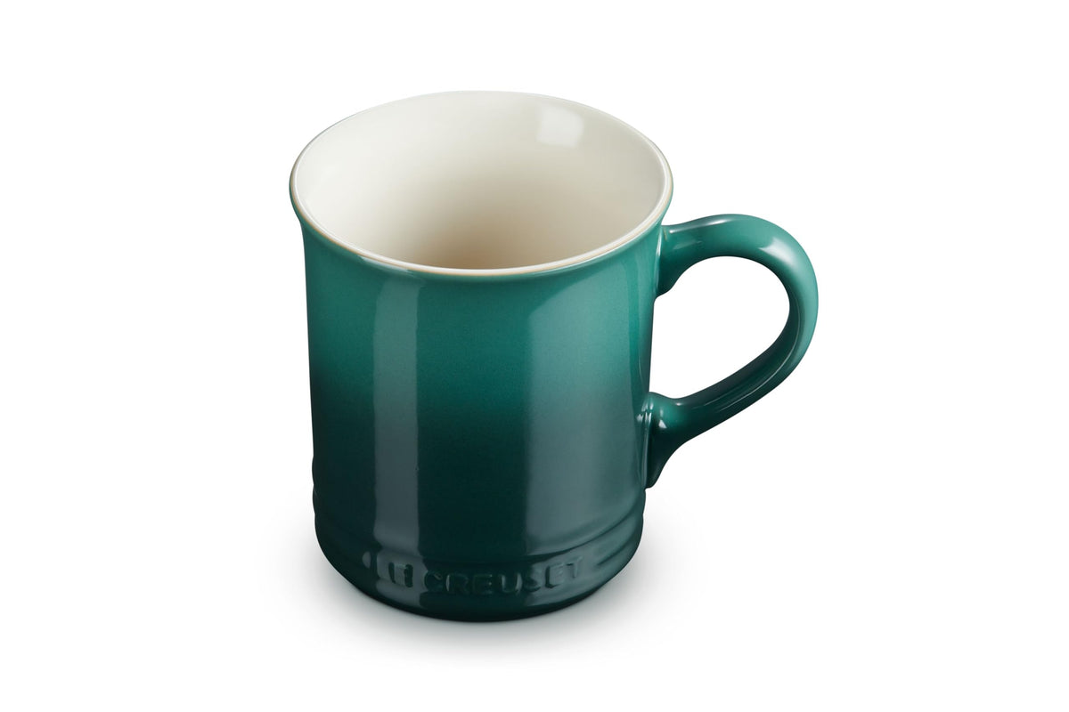 Le Creuset front view of Vancouver Mug showing Artichaut color and durable design benefit