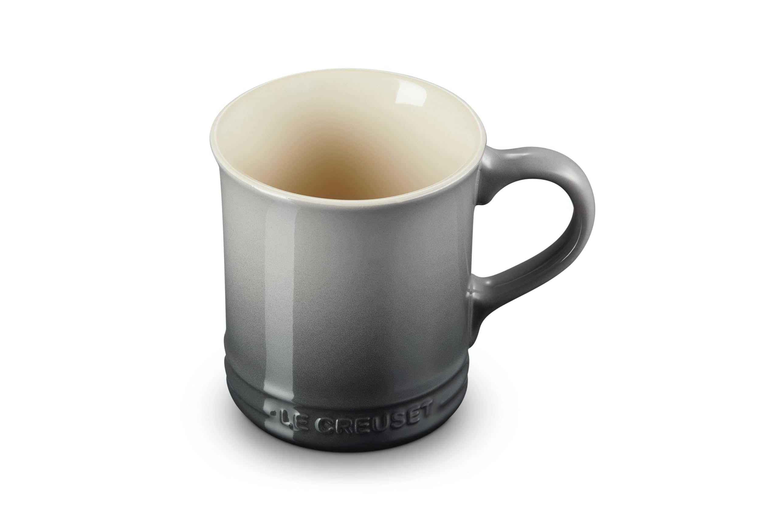 Le Creuset Vancouver mug front view showing elegant Oyster glaze and generous capacity