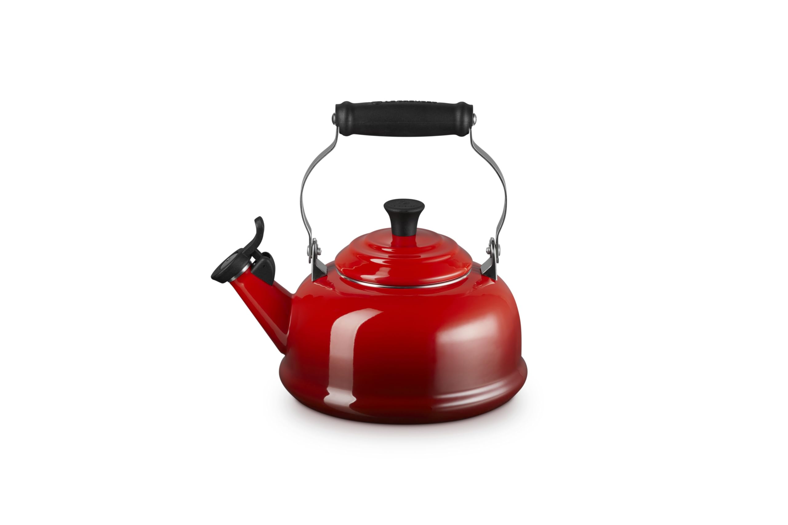 Le Creuset kettle front view in cerise showing shape and vibrant finish for kitchen style