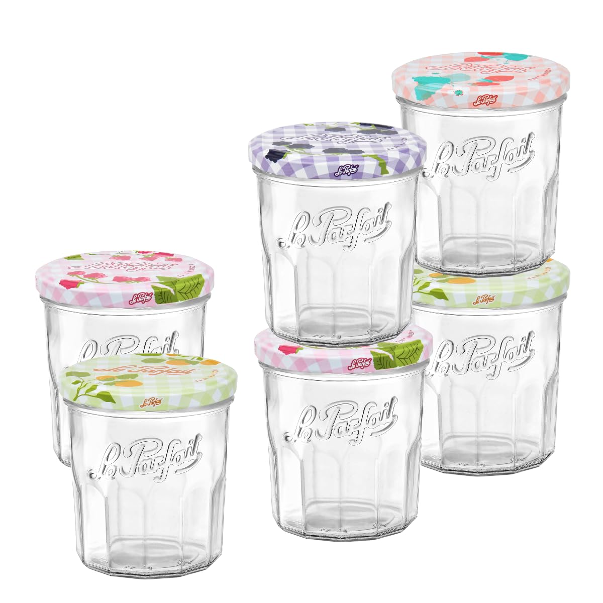 Le Parfait front view of six packed jars showing neat presentation and reusable design