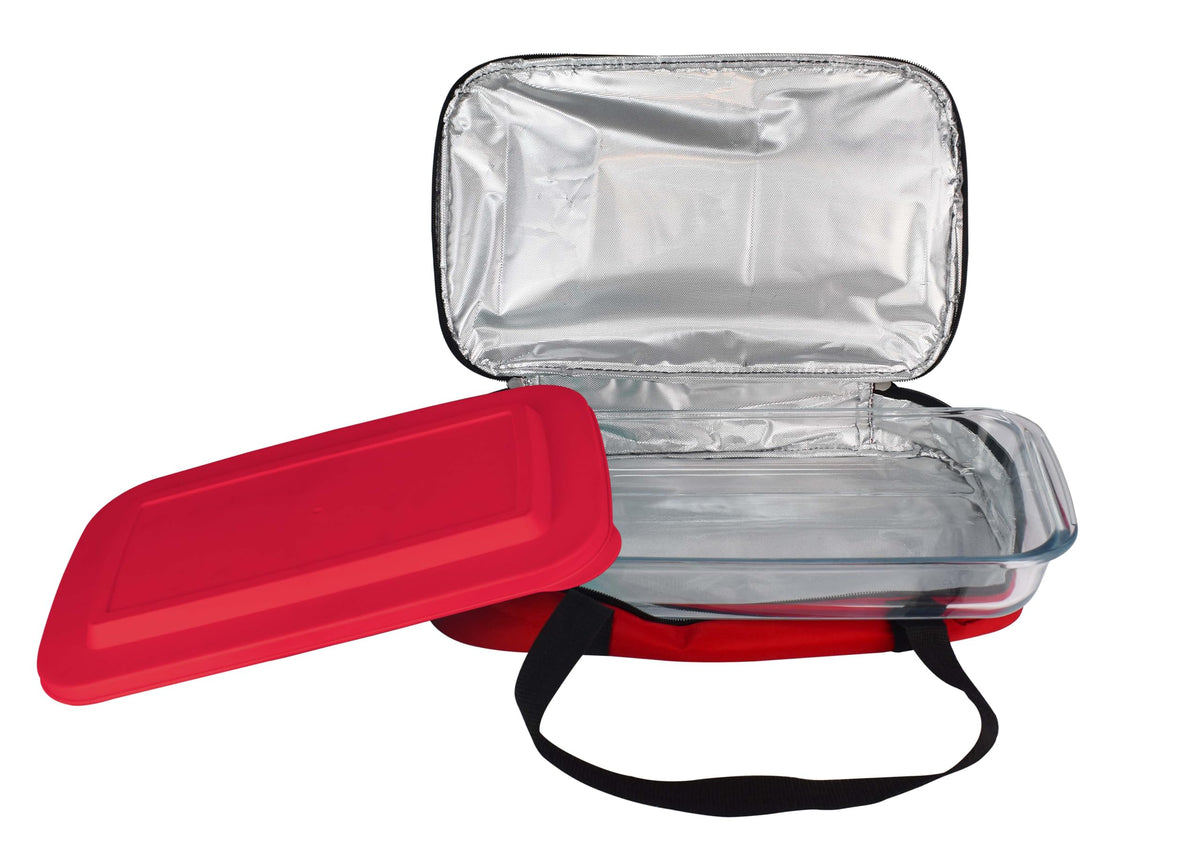 Le Regalo front view of casserole showing lid and red bag benefit: easy transport