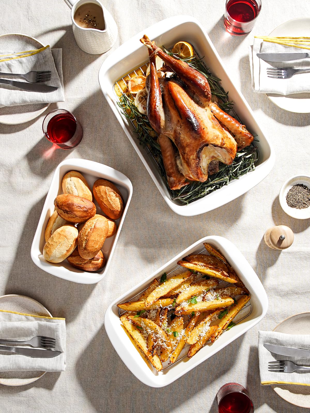 LE TAUCI 304 stainless rack detail inside dish, elevates food for crisp roasting