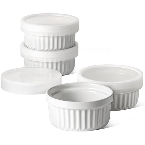 LE TAUCI front view of 4 oz ramekin set showing clean white finish and lids for presentation