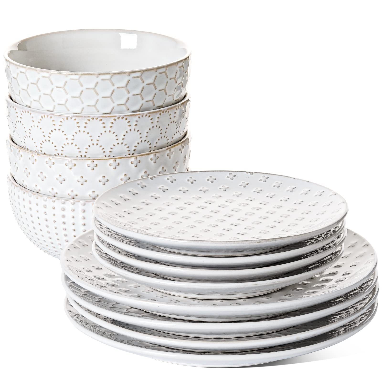 LE TAUCI front view of the 12-piece set showing plates and bowls, durable and elegant