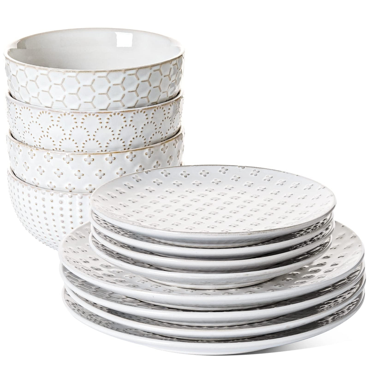 LE TAUCI front view of the 12-piece set showing plates and bowls, durable and elegant