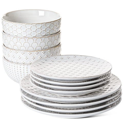 LE TAUCI front view of the 12-piece set showing plates and bowls, durable and elegant
