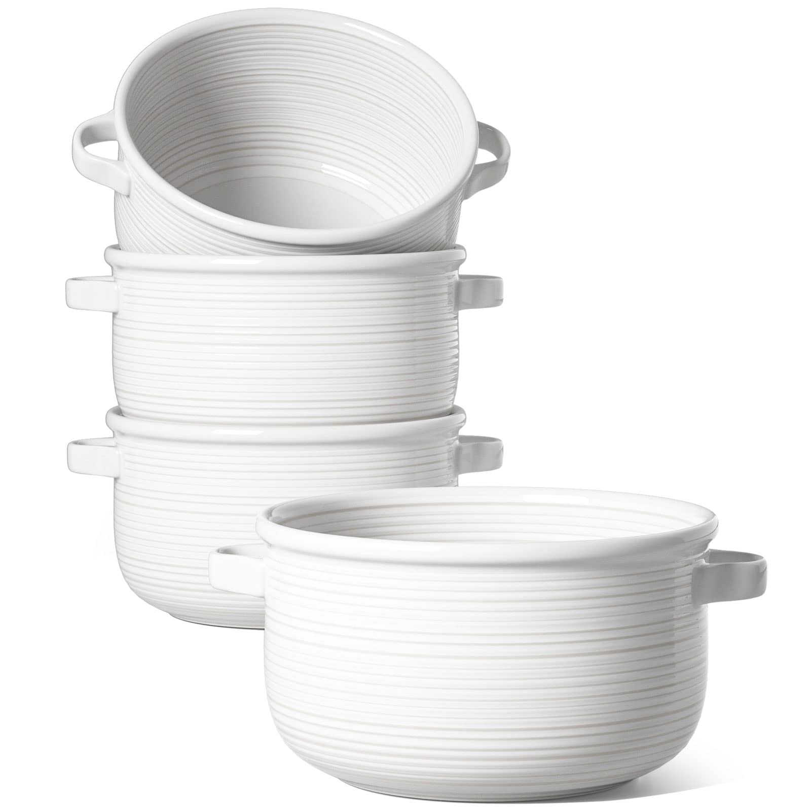 LE TAUCI front view of four white bowls ready for serving, showcases set presentation