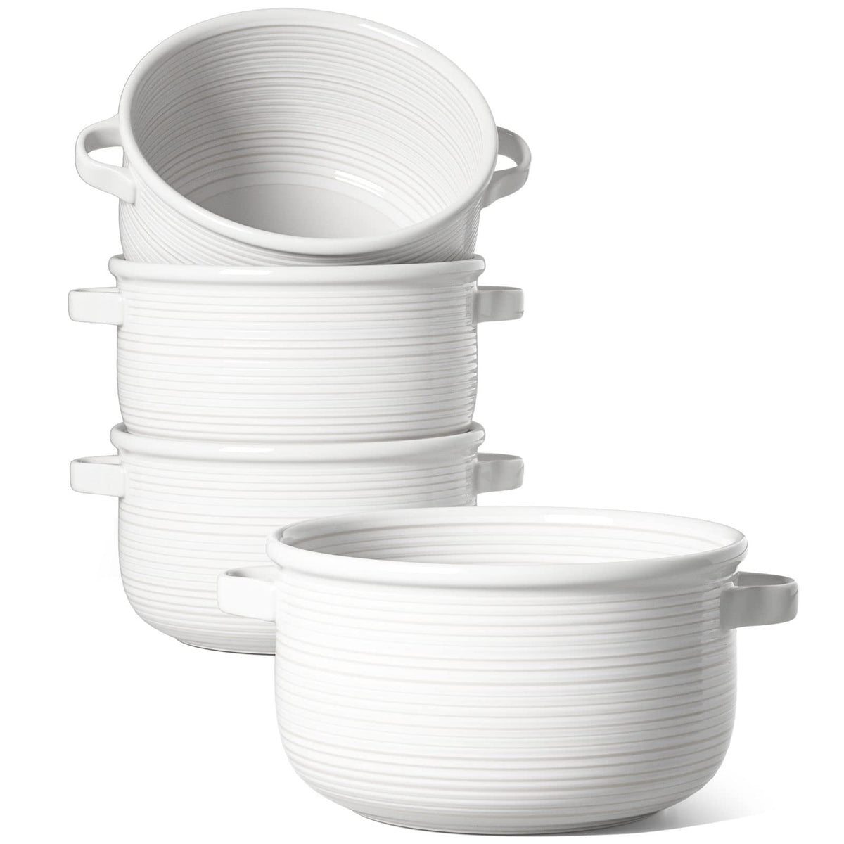 LE TAUCI front view of four white bowls ready for serving, showcases set presentation