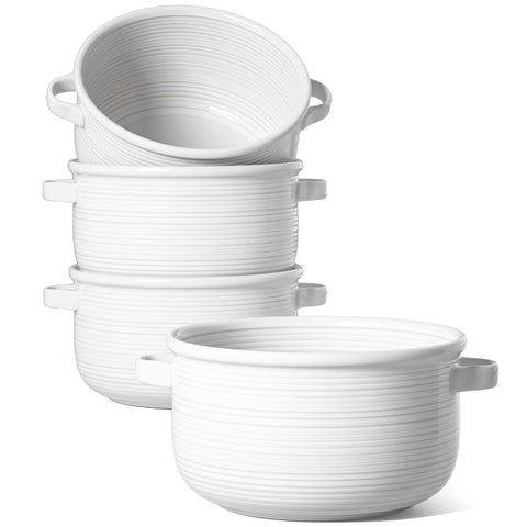 LE TAUCI front view of four white bowls ready for serving, showcases set presentation
