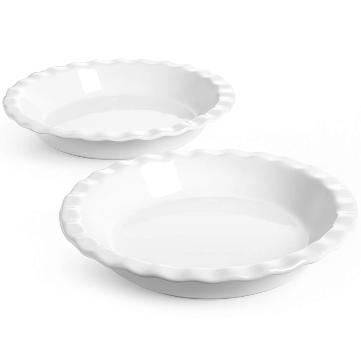 LE TAUCI front view of two white ceramic pie pans, elegant serving ready