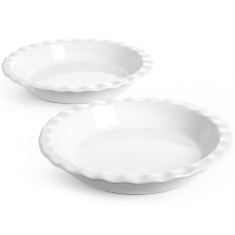 LE TAUCI front view of two white ceramic pie pans, elegant serving ready