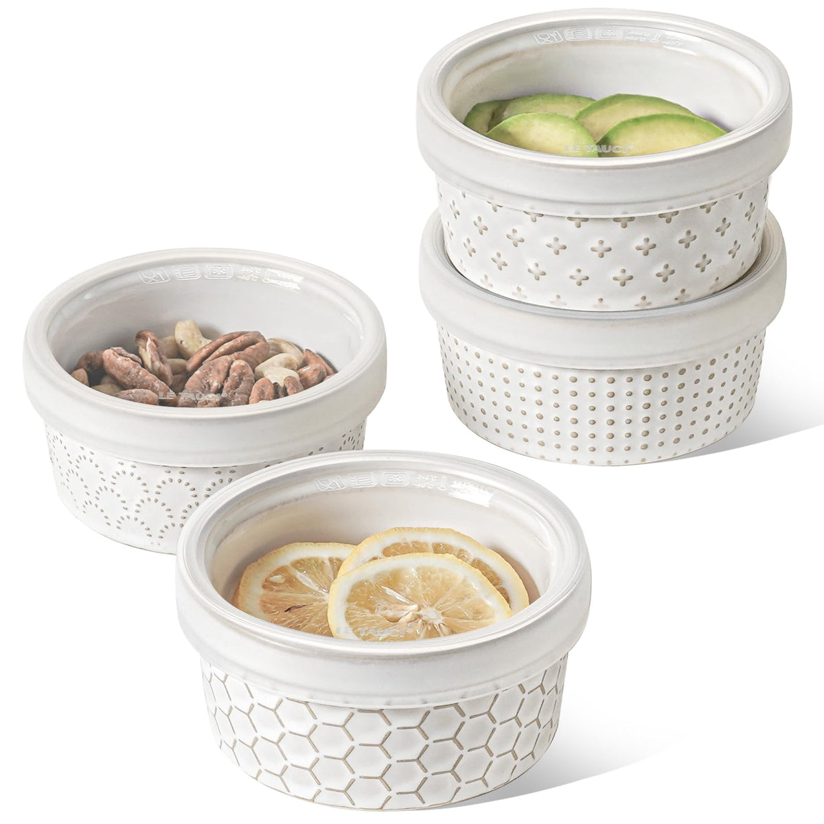 LE TAUCI front view set of four ramekins showing elegant embossed design and serving readiness