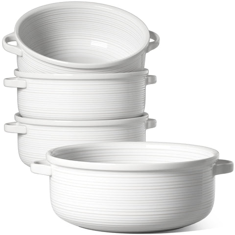 LE TAUCI front view of four white bowls showing shape and finish, ideal for serving