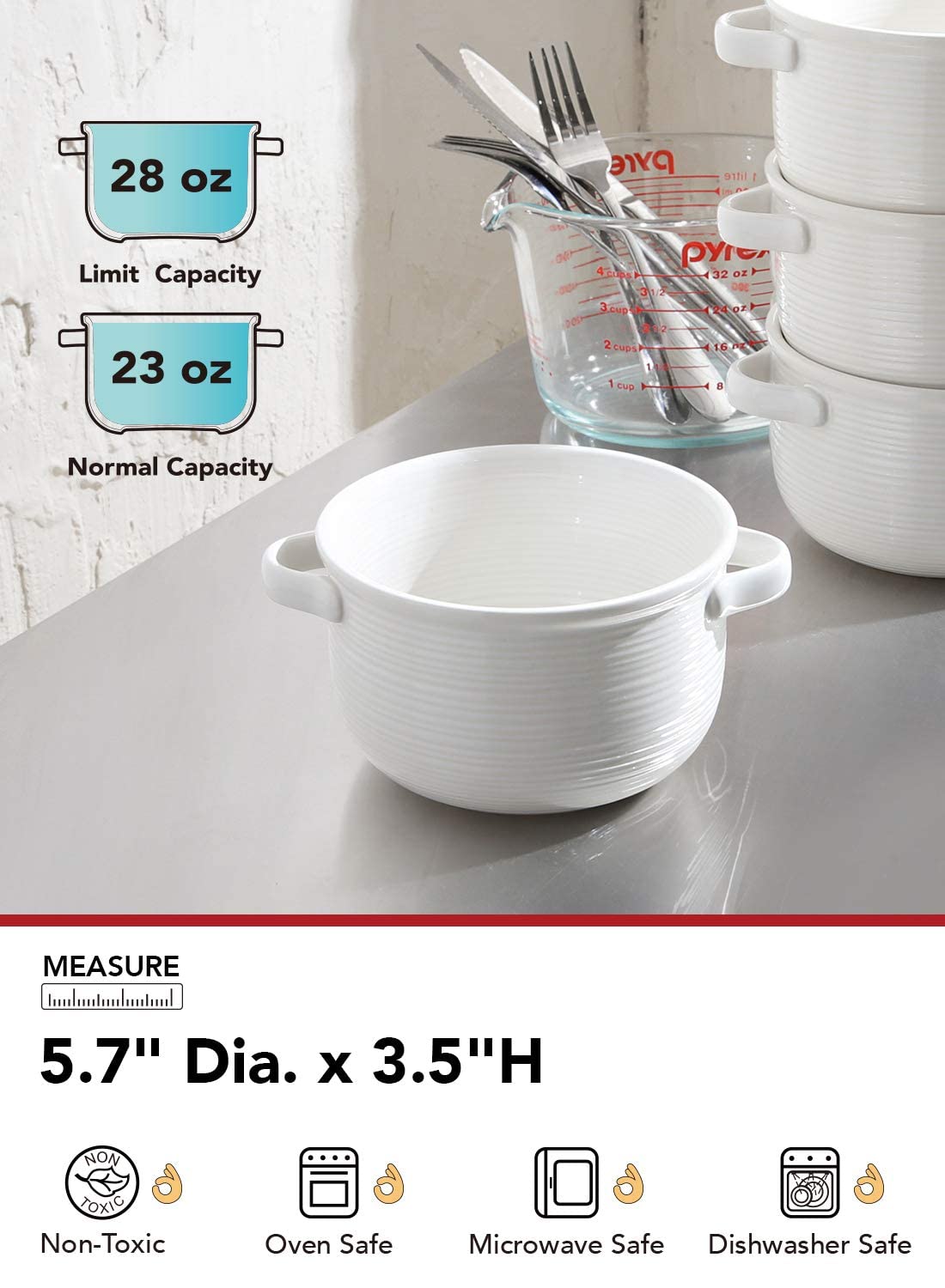 LE TAUCI easy-grip handles being held, highlights safe transport of hot bowls