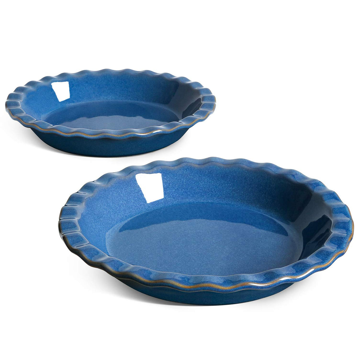 LE TAUCI front view of Ceylon Blue pie dish showing shape and color, enhances presentation