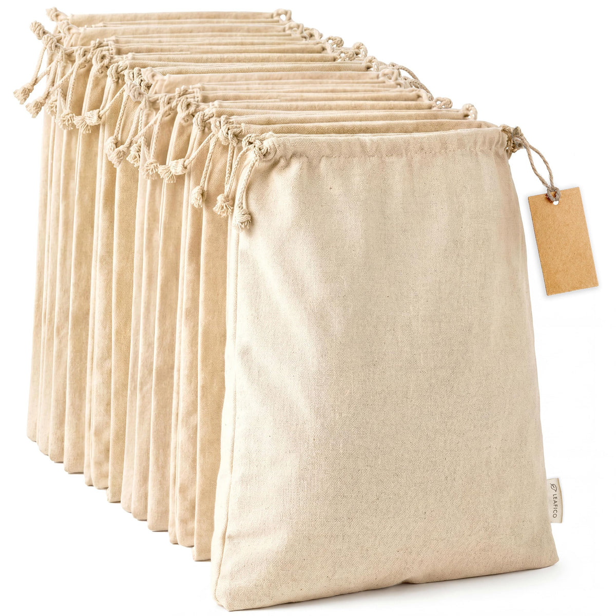 LEAFICO front view of 12-pack muslin bags showing quantity and size benefit