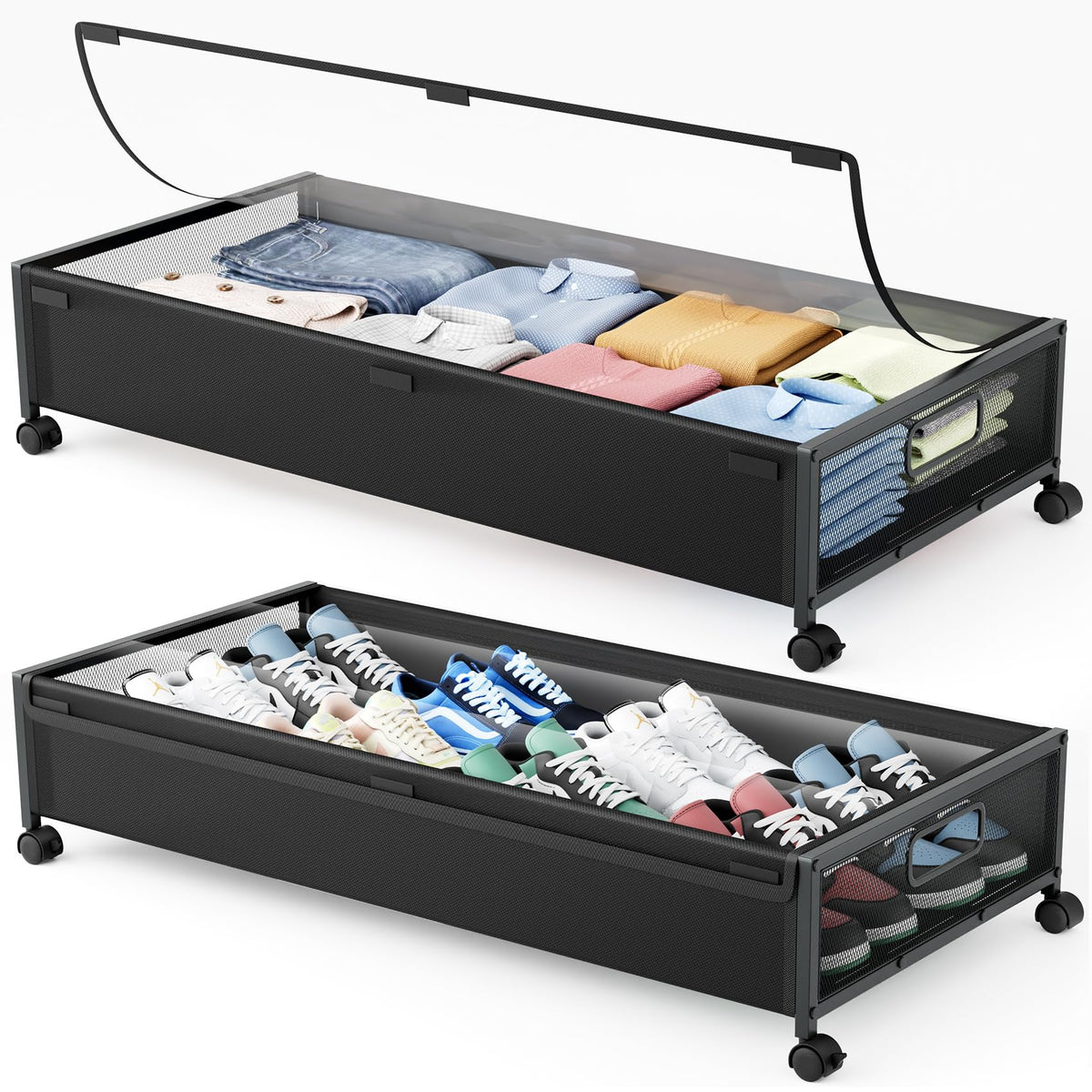 LeArex front view of two underbed storage bins showing space-saving benefit