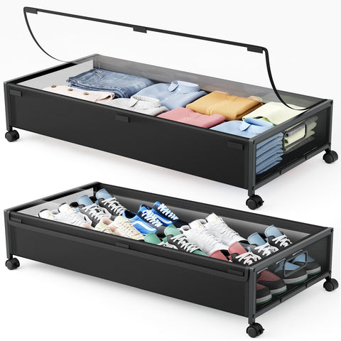 LeArex front view of two underbed storage bins showing space-saving benefit