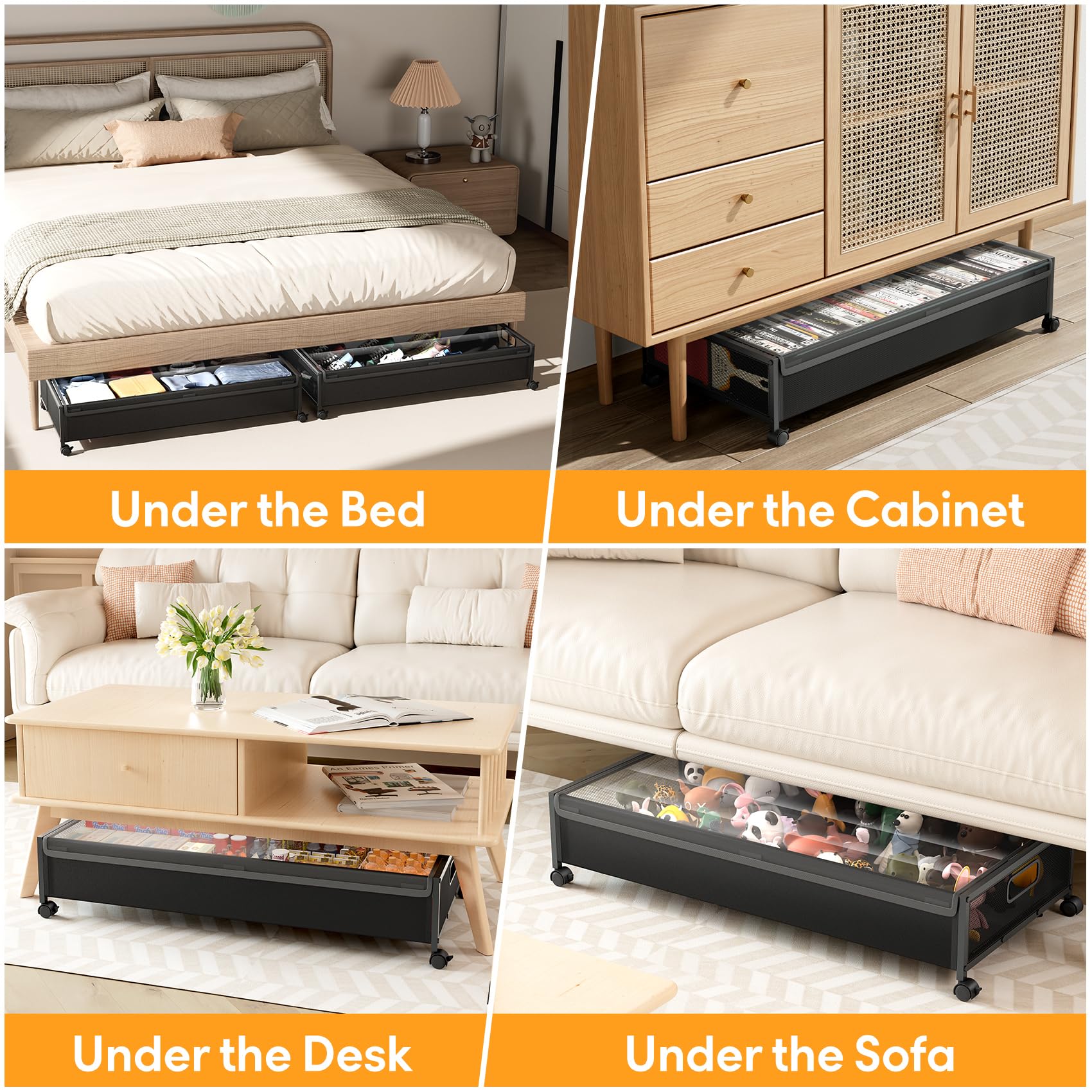 LeArex sliding under a sofa showing low-clearance fit and convenience