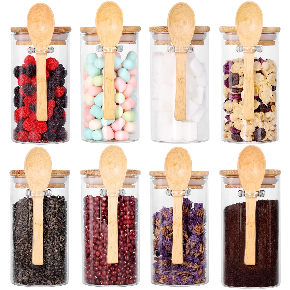 LEAVES AND TREES Y front view of eight glass jars showing clear bodies and bamboo lids for countertop organization