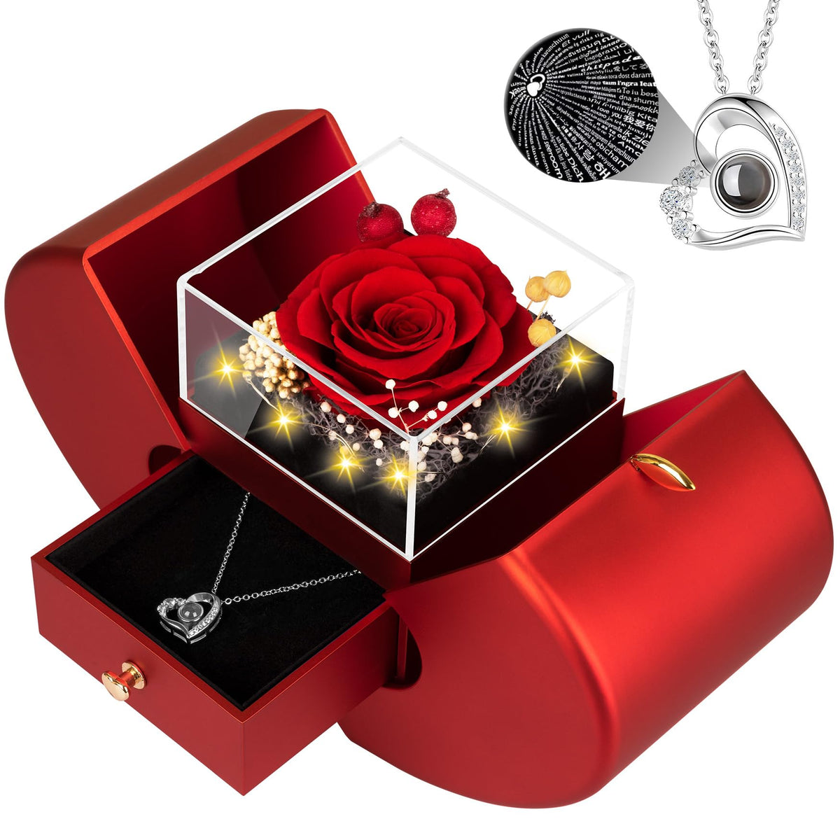 Lebana front view gift box showing rose and necklace, perfect presentation