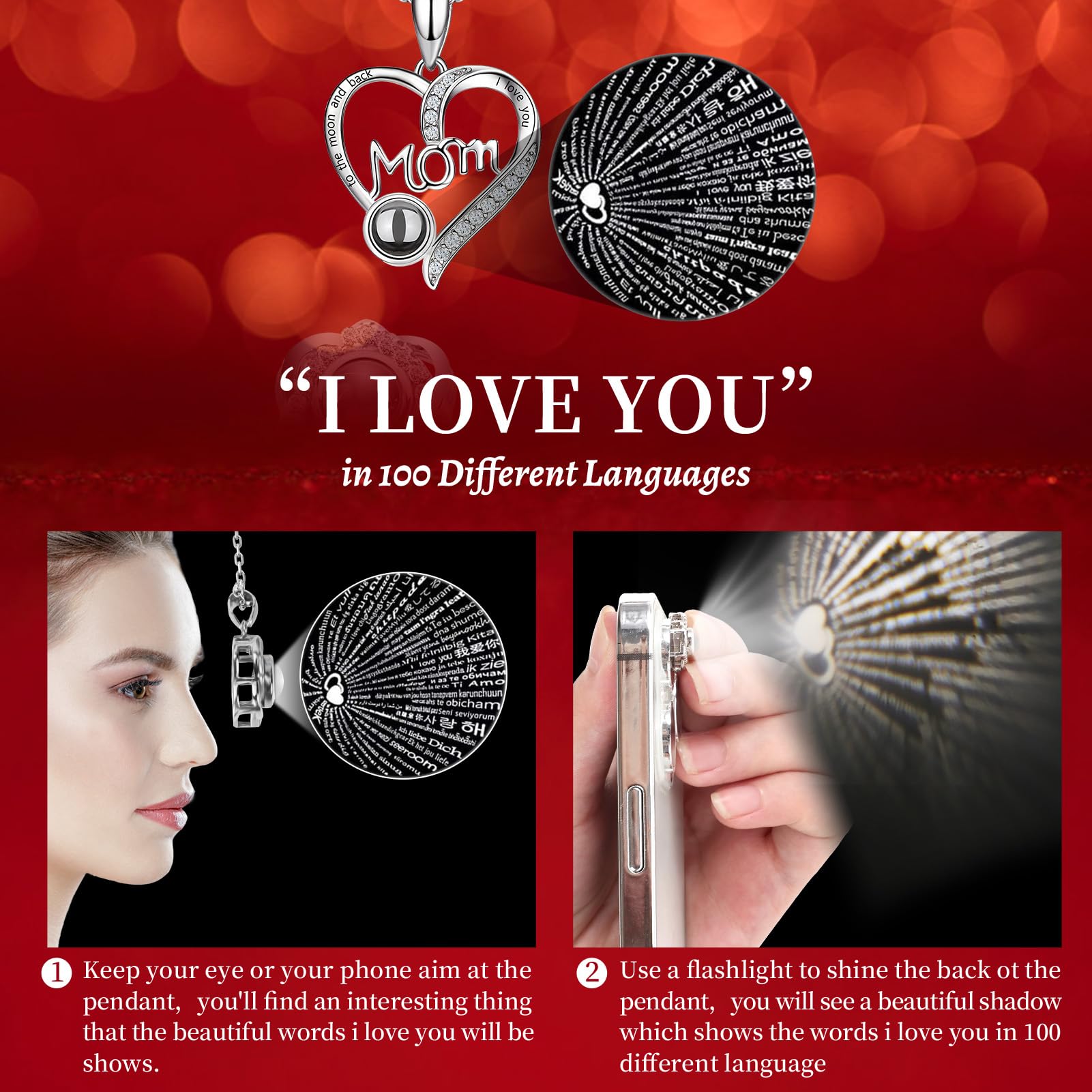 Lebana necklace pendant detail revealing crystal micro-engraving and sentimental surprise