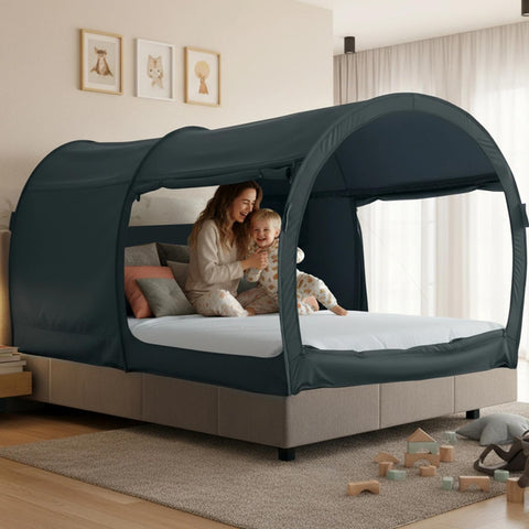 LEEDOR front view showing PitchBlack bed tent offering instant privacy