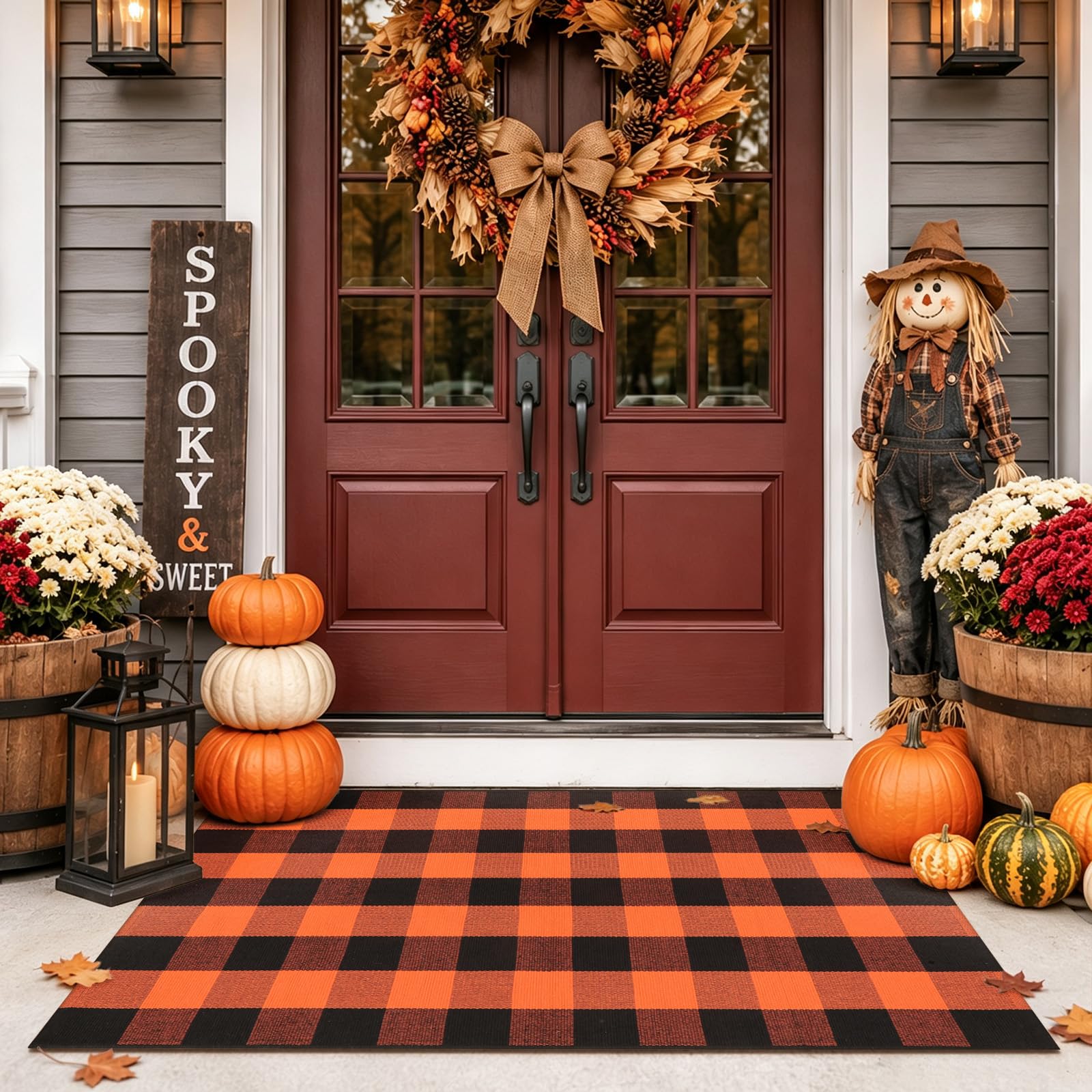 LEEVAN Halloween buffalo plaid door mat front view on porch enhances curb appeal